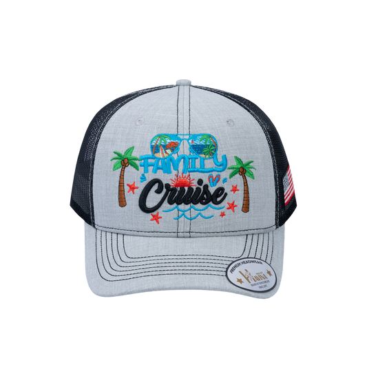 Embroidered Family Cruise - Traveling - 6 Panel Trucker Hat - Light Gray/Black - Classic