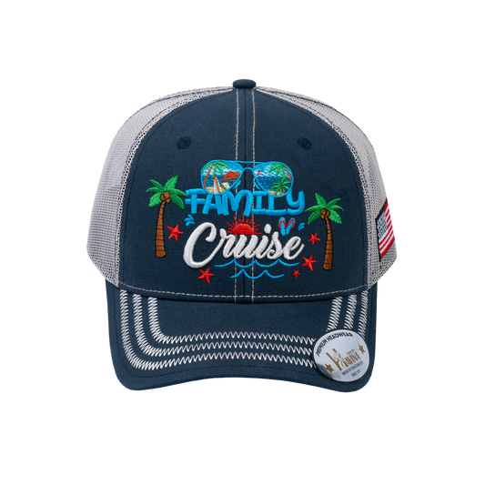 Embroidered Family Cruise - Traveling - 6 Panel Trucker Hat - Navy/Beige - Zig Zag
