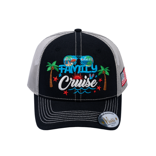 Embroidered Family Cruise - Traveling - 6 Panel Trucker Hat - Black/Beige - Classic
