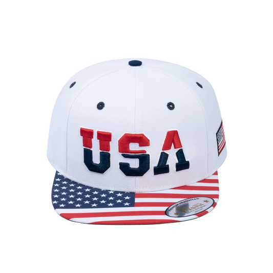 Embroidered Classic US American Flag - 6 Panel Snap Baseball Cap - White