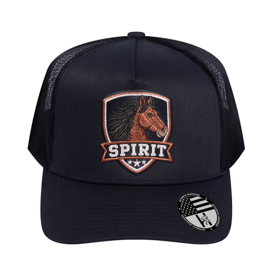 The Spirit 5-Panel Trucker Hat - Black front and Black mesh back - front view