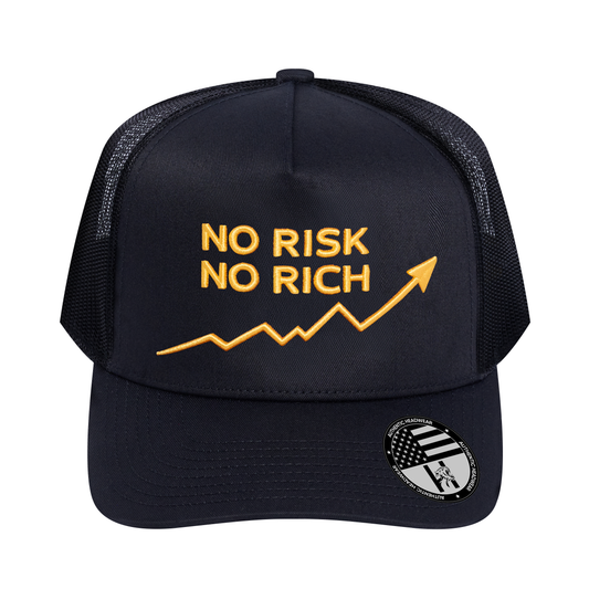 No Risk No Rich 5-Panel Trucker Hat - Black front and Black mesh back - front view