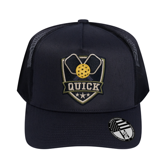 The Quick Pickleball 5-Panel Trucker Hat - Black front and Black mesh back - front view