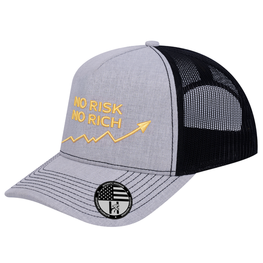 No Risk No Rich 5-Panel Trucker Hat - Light Grey Heather front and Black mesh back - angled view