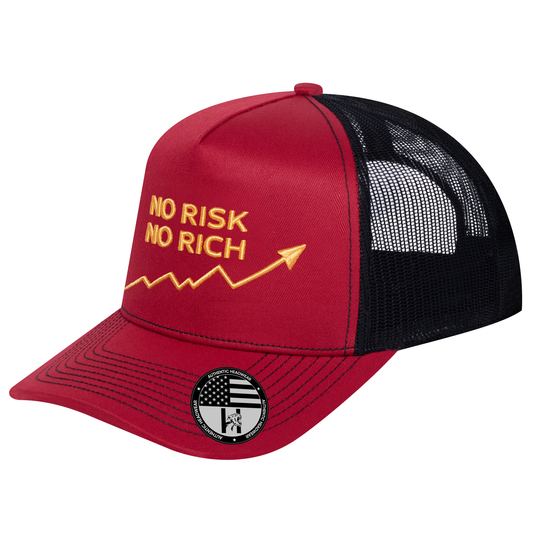 No Risk No Rich 5-Panel Trucker Hat - Burgundy front and Black mesh back - angled view