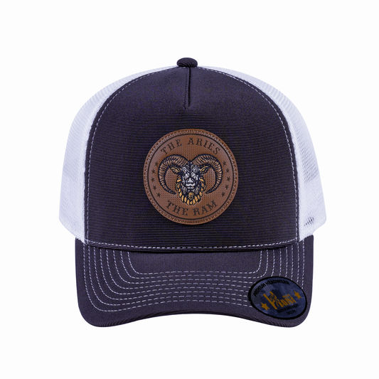 V2 Embroidered And Laser-Engraved Aries Zodiac (March 21 - April 19) - 5 Panel Trucker Hat - Dark Grey/White
