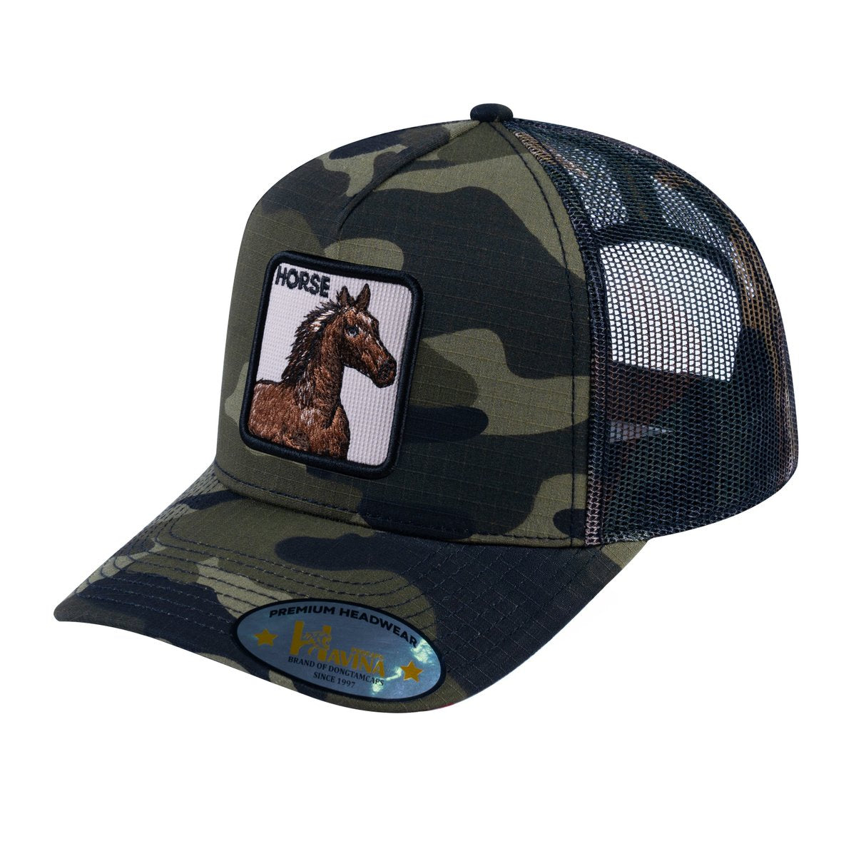 Horse V2 5-Panel Trucker Hat with Green Camo front and Green Camo back