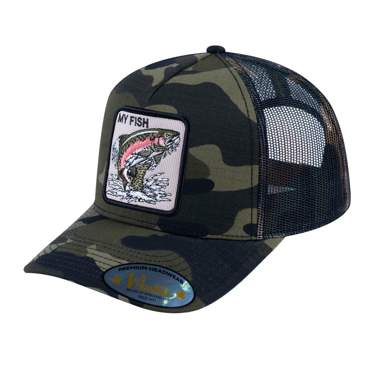 Salmon V2 5-Panel Trucker Hat with Green Camo front and Green Camo back