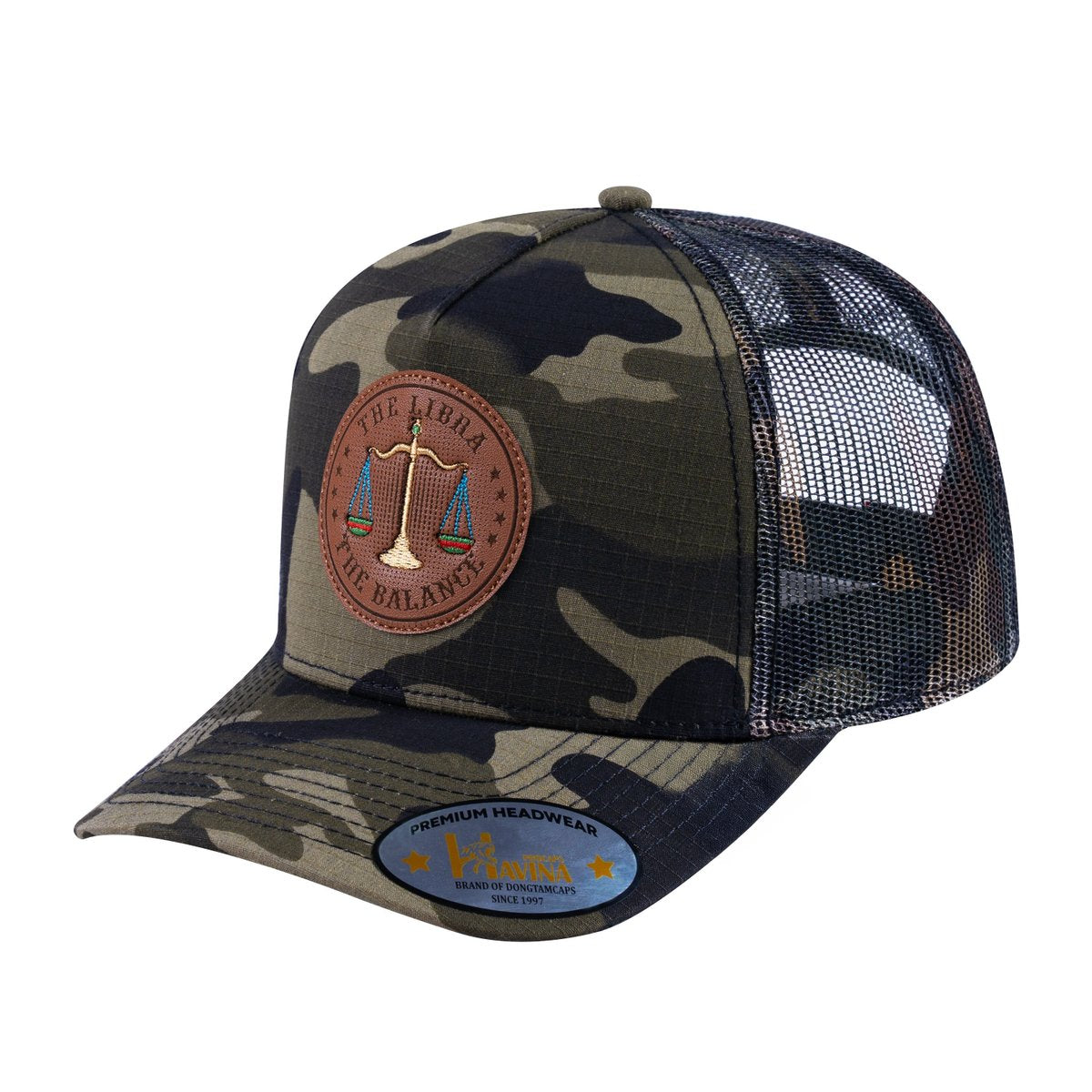 Libra Zodiac V2 5-Panel Trucker Hat with Green Camo front and Green Camo back