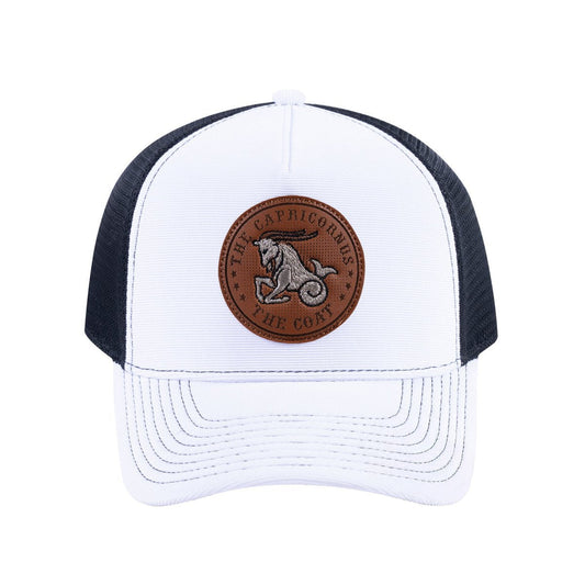 Capricorn Zodiac V2 5-Panel Trucker Hat with White front and Black back