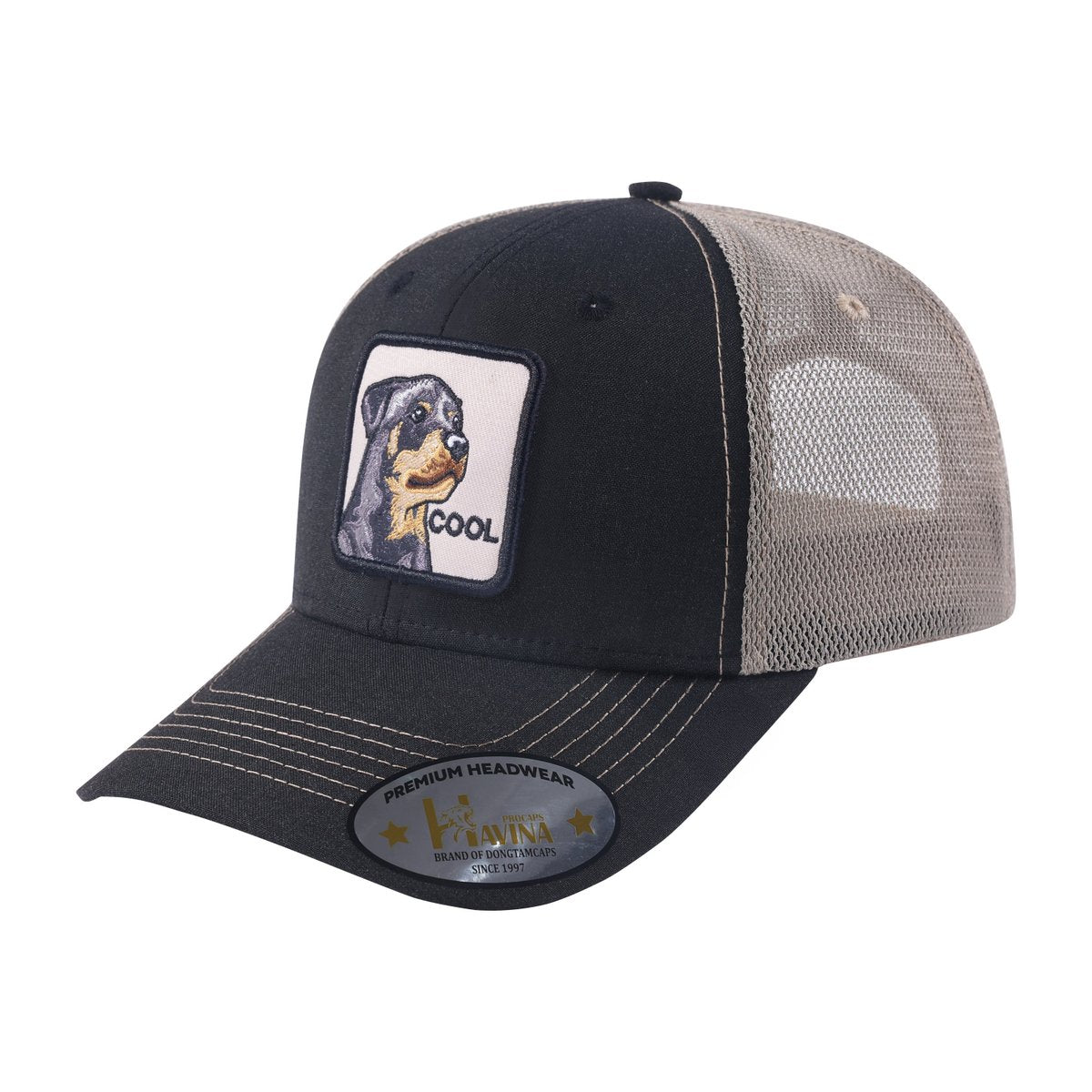 Cool Dog 6-Panel Trucker Hat with Black front and Light Grey back
