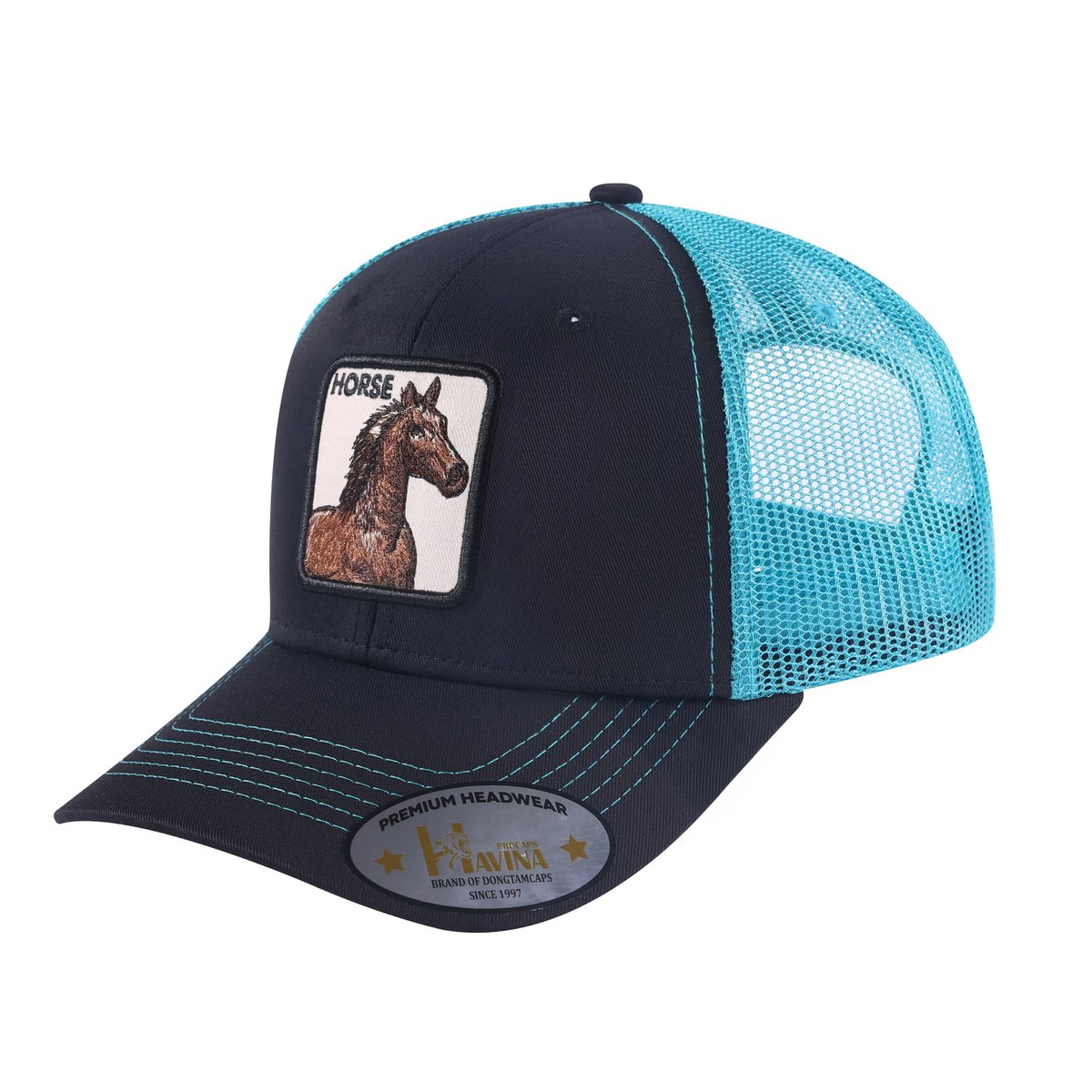Horse 6-Panel Trucker Hat with Black front and Blue back
