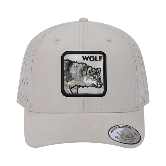 Embroidered The Wolf - 6 Panel Microfiber Laser hole Trucker Hat - Beige/Beige