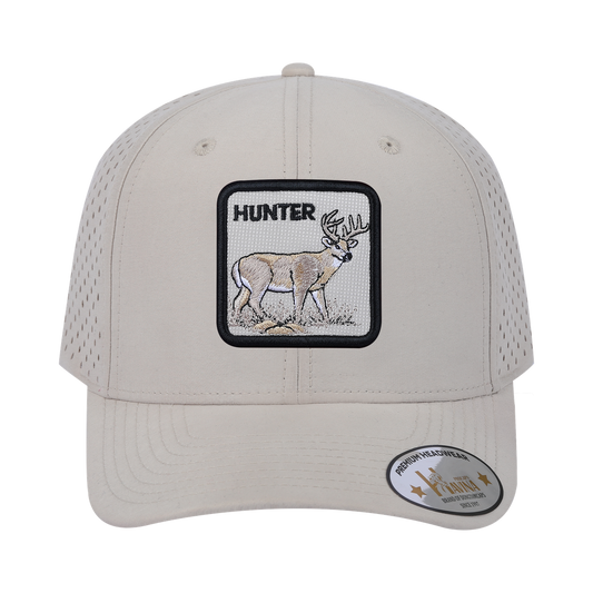 Embroidered The Hunter - 6 Panel Microfiber Laser hole Trucker Hat - Beige/Beige
