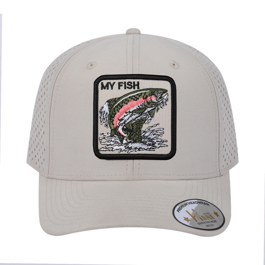 Embroidered The My Fish - 6 Panel Microfiber Laser hole Trucker Hat - Beige/Beige