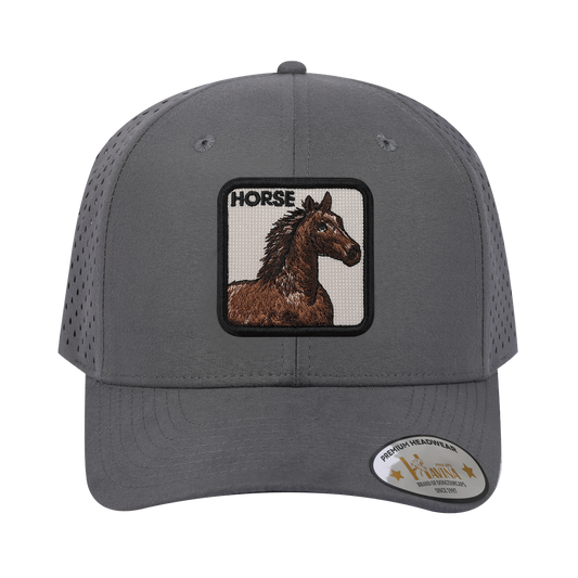 Embroidered The Horse - 6 Panel Microfiber Laser hole Trucker Hat - Grey/Grey