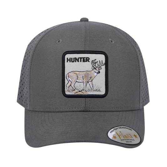 Embroidered The Hunter - 6 Panel Microfiber Laser hole Trucker Hat - Grey/Grey