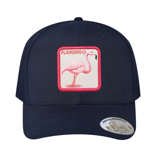 Embroidered The Flamingo - 6 Panel Microfiber Laser hole Trucker Hat - Navy/Navy