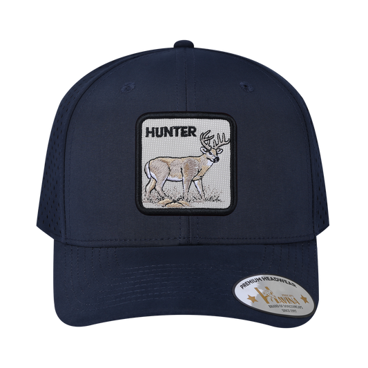 Embroidered The Hunter - 6 Panel Microfiber Laser hole Trucker Hat - Navy/Navy