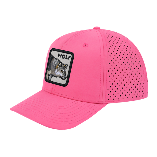 Wolf 6-Panel Microfiber Laser Hole Trucker Hat with Pink front and Pink back