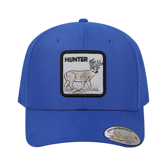 Embroidered The Hunter - 6 Panel Microfiber Laser hole Trucker Hat - Royal Blue/Royal Blue