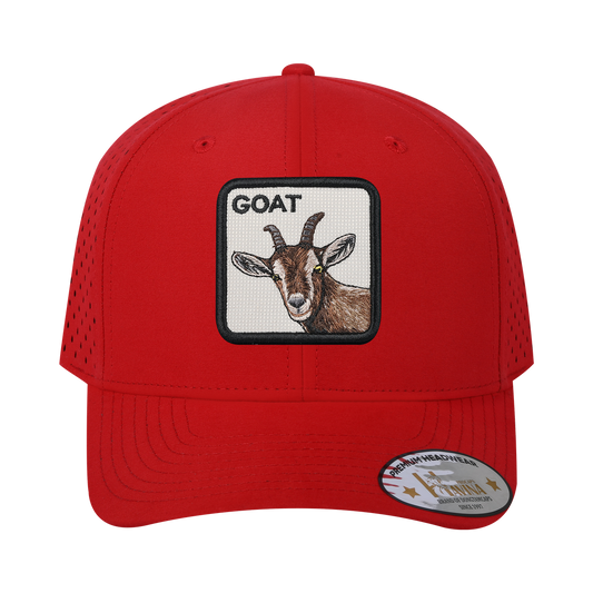 Embroidered The Goat - 6 Panel Microfiber Laser hole Trucker Hat - Red/Red