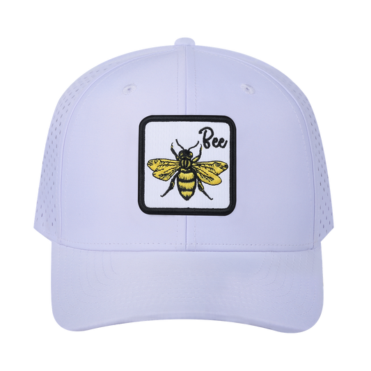 Bee 6-Panel Microfiber Laser Hole Trucker Hat with White front and White back