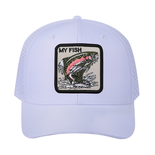 My Fish 6-Panel Microfiber Laser Hole Trucker Hat with White front and White back