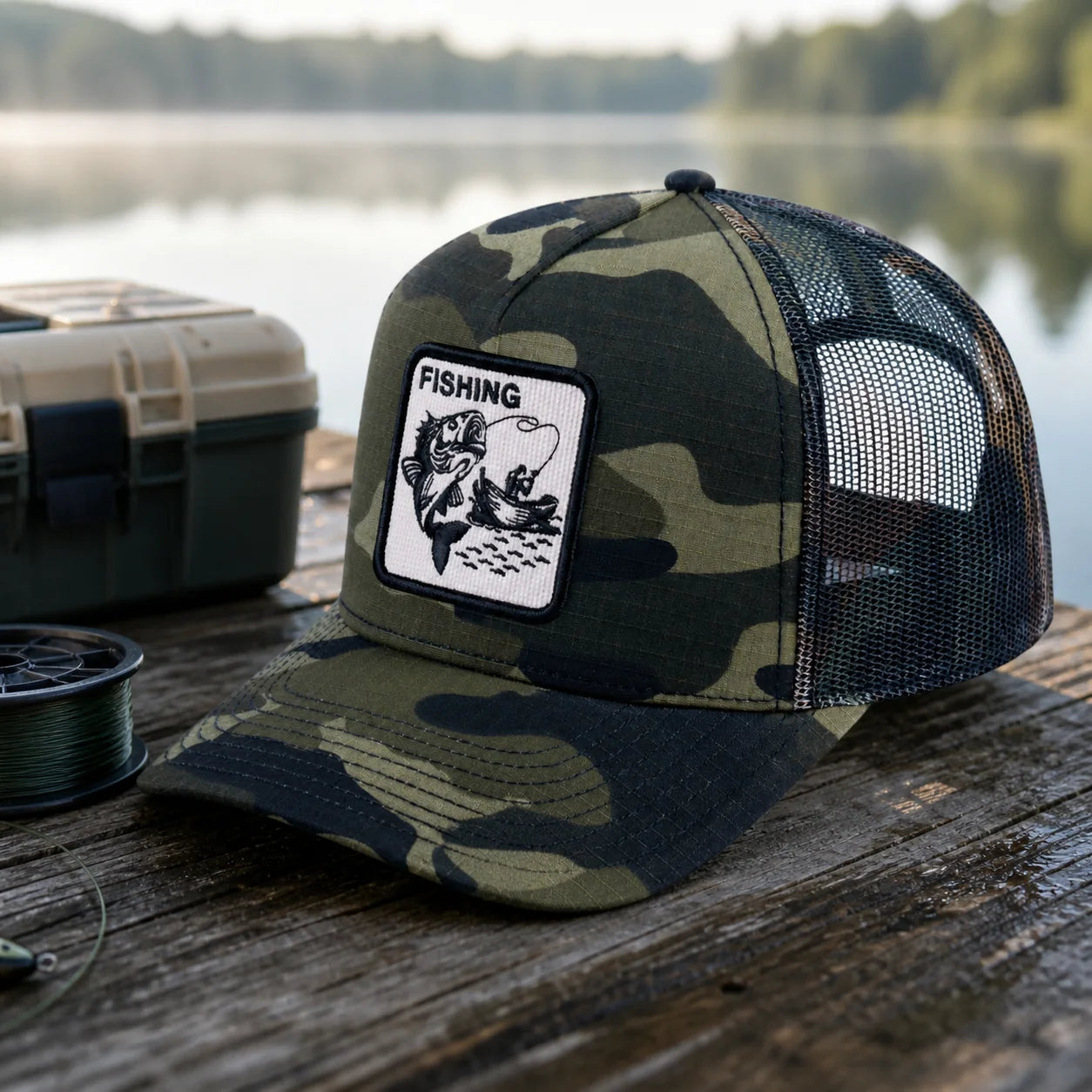 Man wearing the HAVINA PRO CAPS Fishing green camouflage trucker hat by a lake