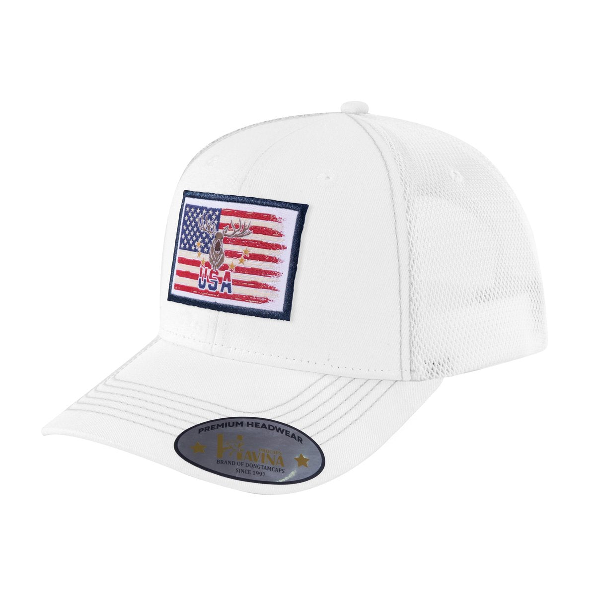 USA Deer Hunter 6-Panel Trucker Hat with White front and White back
