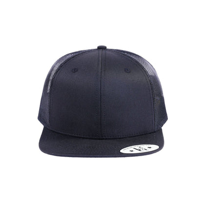 Blank 6-Panel Snapback Flat Bill Trucker Hat with Black front and Black back