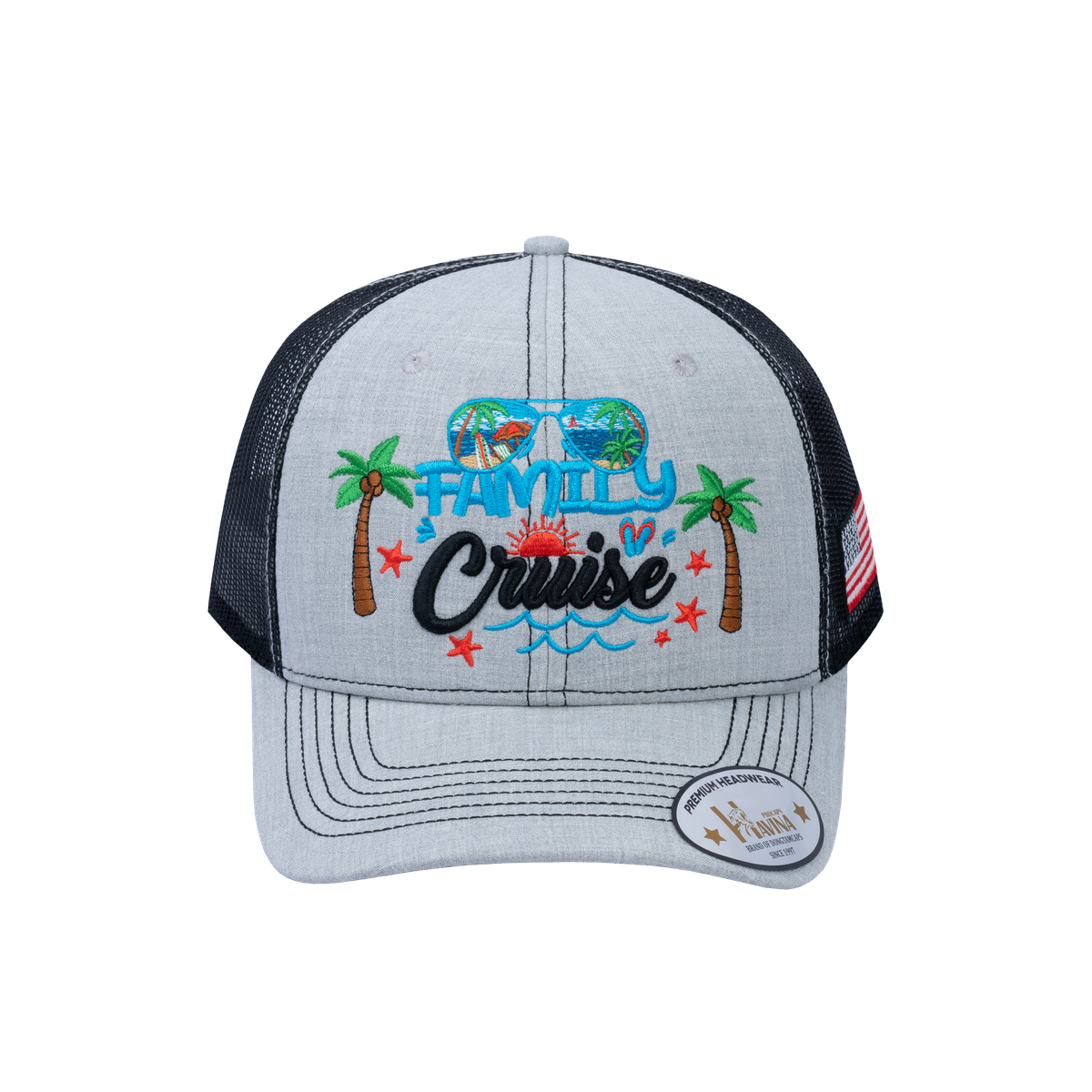 Embroidered Family Cruise - Traveling - 6 Panel Trucker Hat - Light Gray/Black - Classic