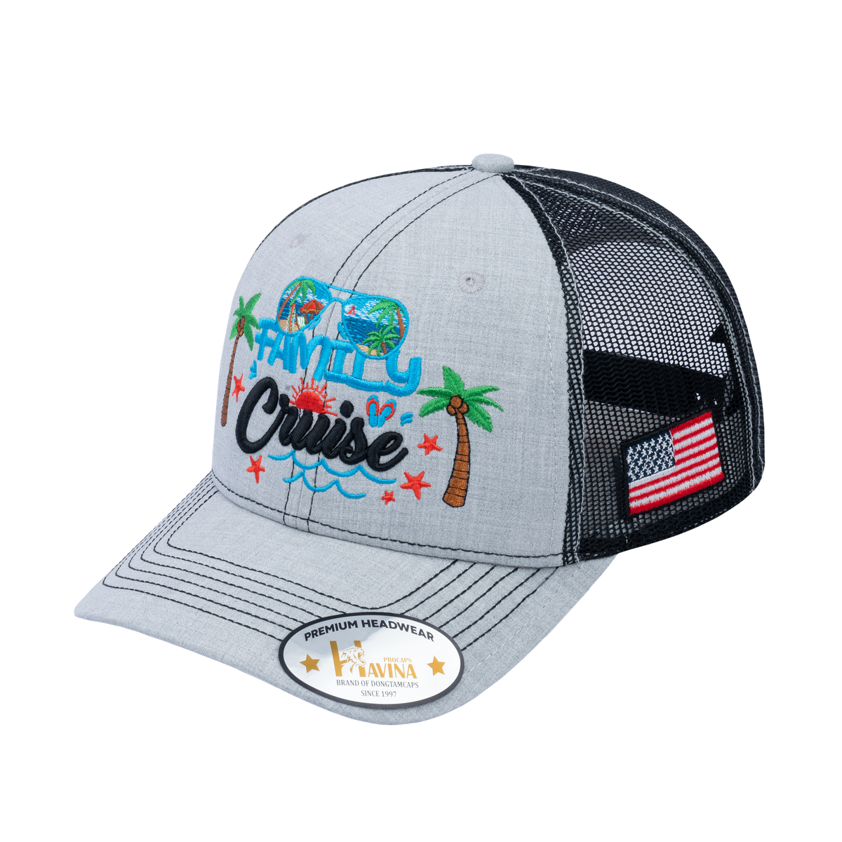 Embroidered Family Cruise - Traveling - 6 Panel Trucker Hat - Light Gray/Black - Classic