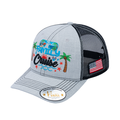 Embroidered Family Cruise - Traveling - 6 Panel Trucker Hat - Light Gray/Black - Classic