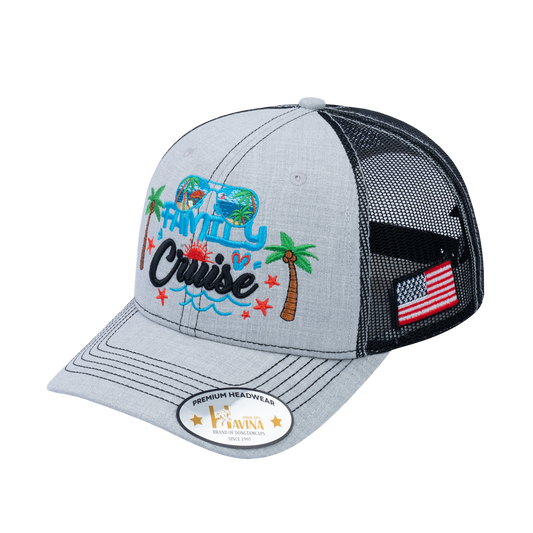 Embroidered Family Cruise - Traveling - 6 Panel Trucker Hat - Light Gray/Black - Classic