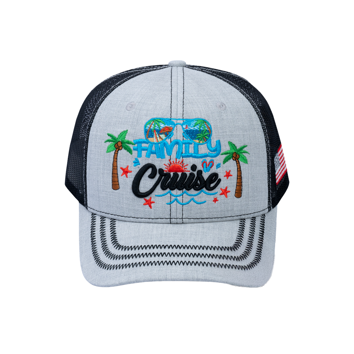 Family Cruise, Traveling 6-Panel Trucker Hat with Light Grey front and Black back