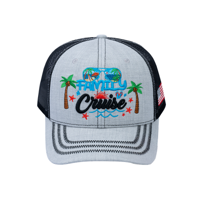 Family Cruise, Traveling 6-Panel Trucker Hat with Light Grey front and Black back