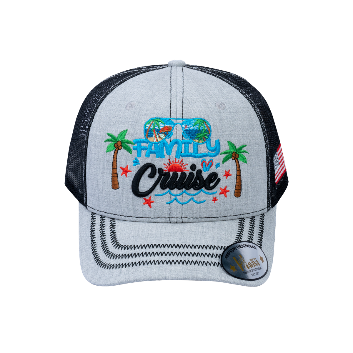 Family Cruise, Traveling 6-Panel Trucker Hat with Light Grey front and Black back
