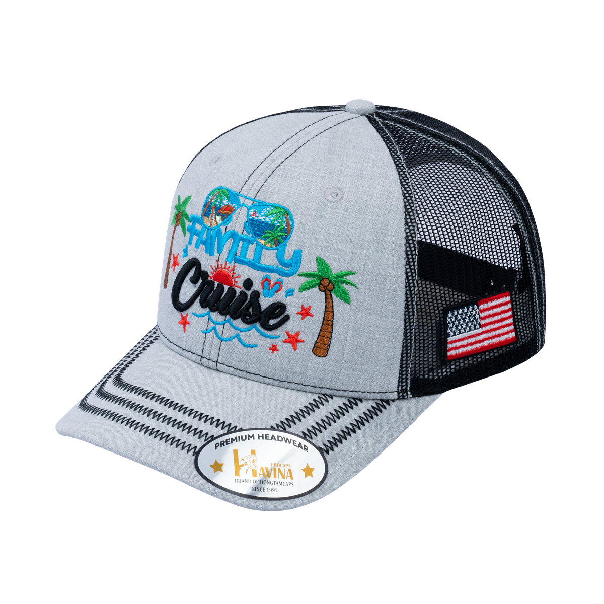 Embroidered Family Cruise - Traveling - 6 Panel Trucker Hat - Light Gray/Black - Zig Zag