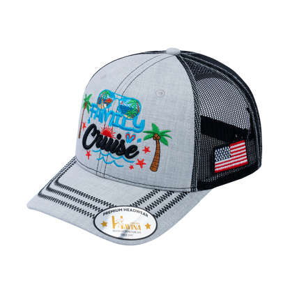 Embroidered Family Cruise - Traveling - 6 Panel Trucker Hat - Light Gray/Black - Zig Zag