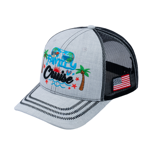 Family Cruise, Traveling 6-Panel Trucker Hat with Light Grey front and Black back