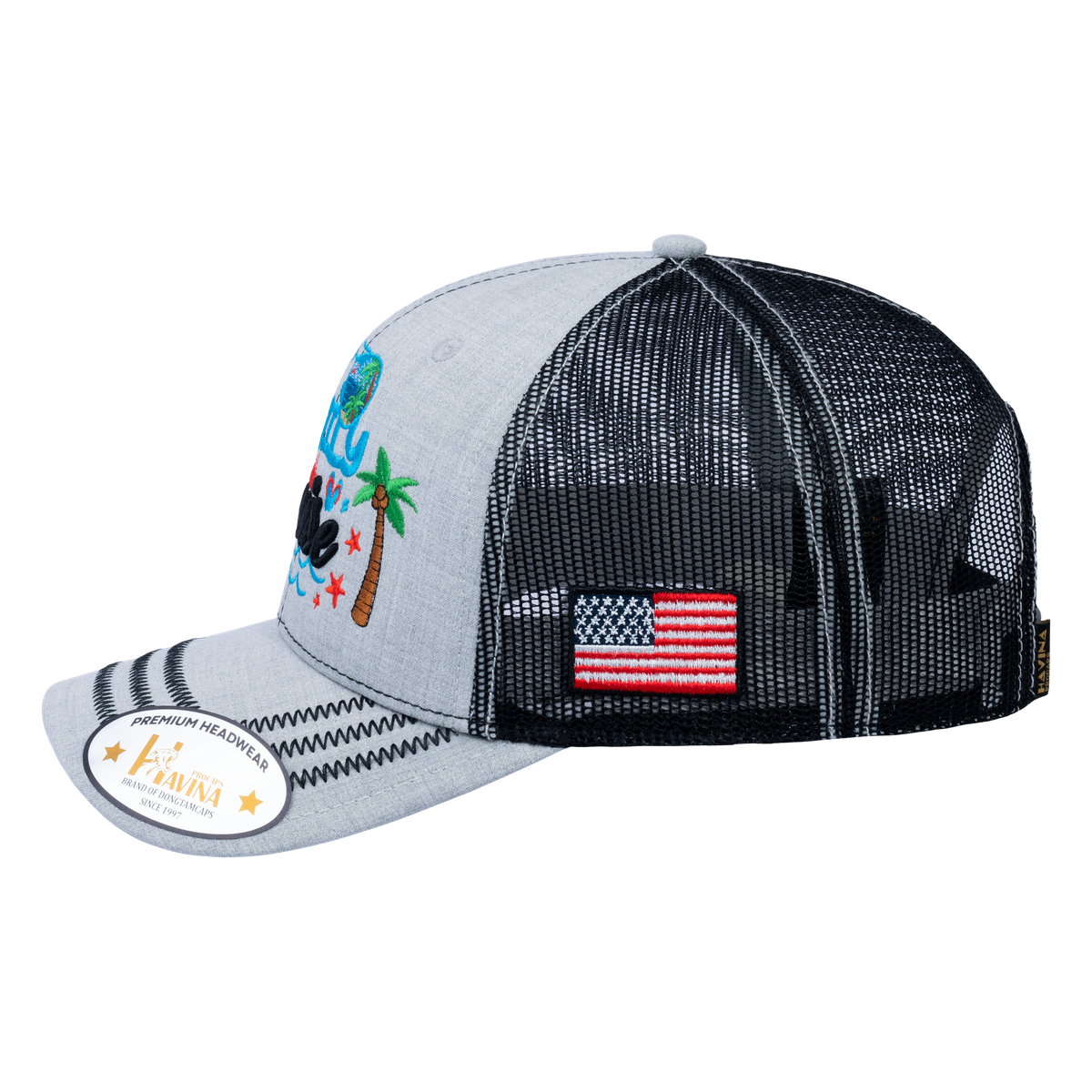 Embroidered Family Cruise - Traveling - 6 Panel Trucker Hat - Light Gray/Black - Zig Zag