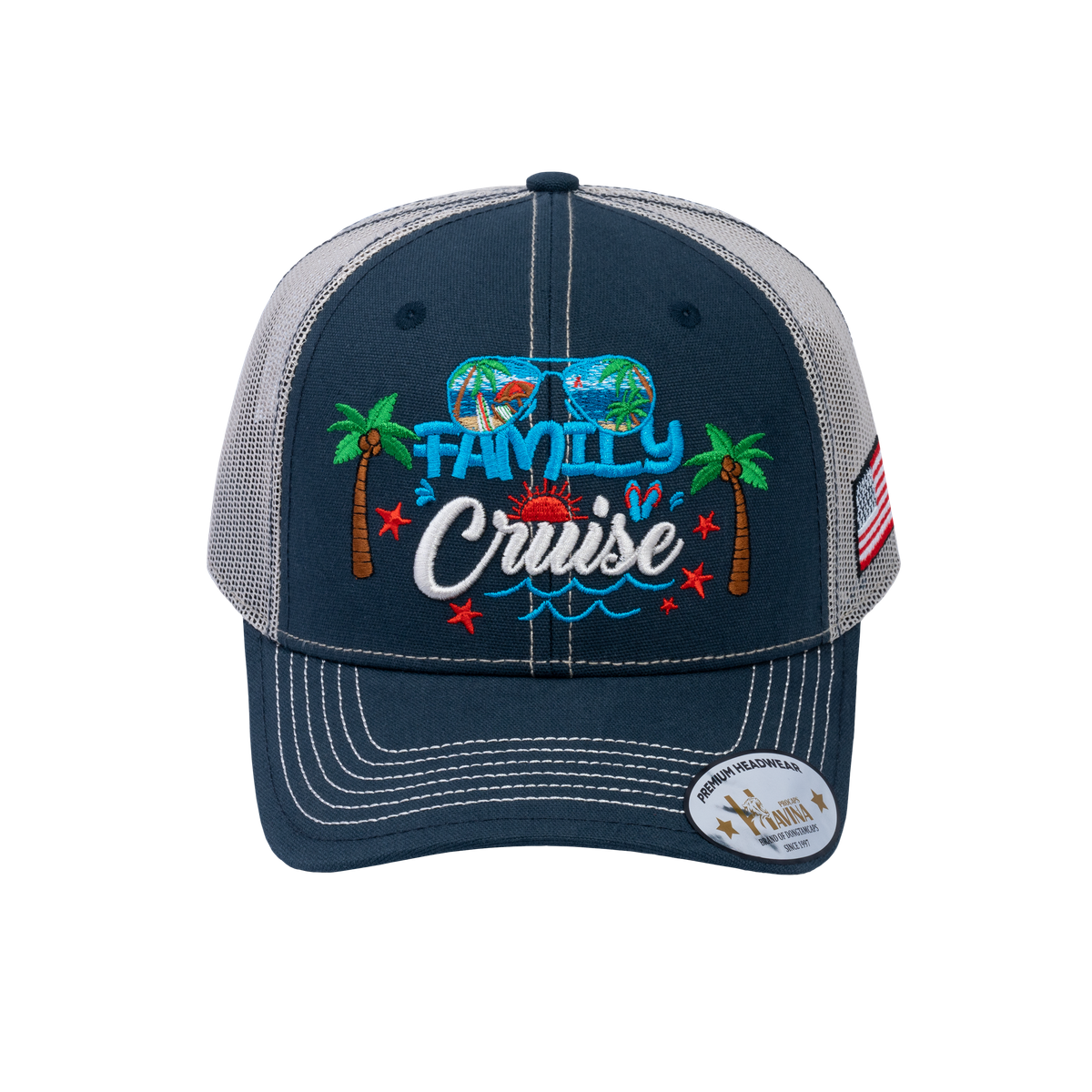 Embroidered Family Cruise - Traveling - 6 Panel Trucker Hat - Navy/Beige - Classic