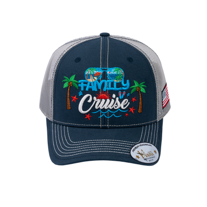 Embroidered Family Cruise - Traveling - 6 Panel Trucker Hat - Navy/Beige - Classic