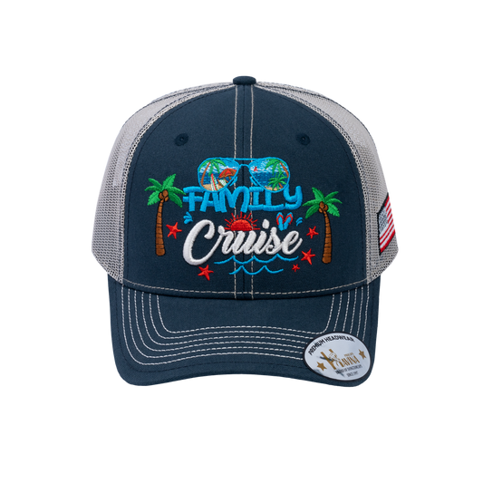 Embroidered Family Cruise - Traveling - 6 Panel Trucker Hat - Navy/Beige - Classic