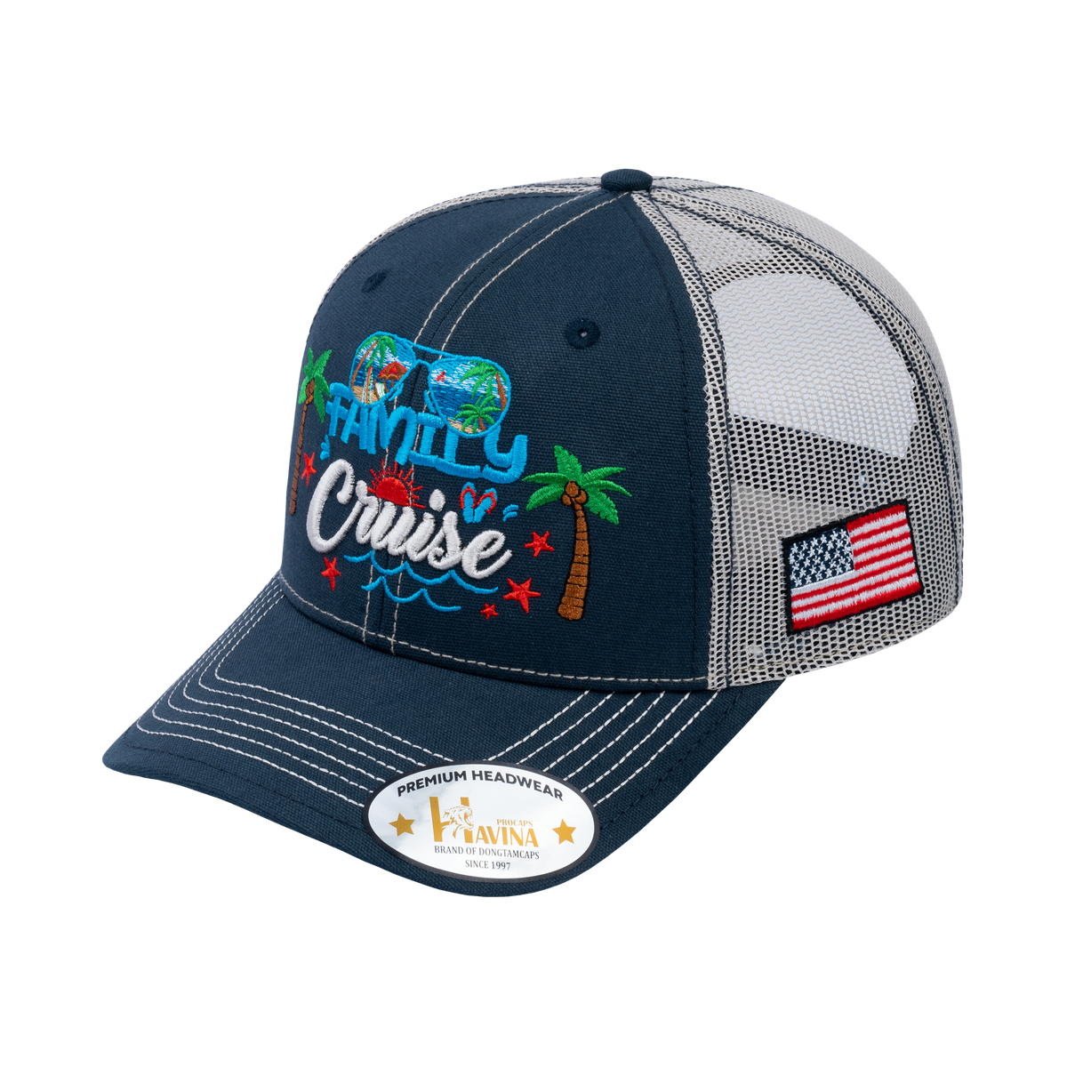 Embroidered Family Cruise - Traveling - 6 Panel Trucker Hat - Navy/Beige - Classic