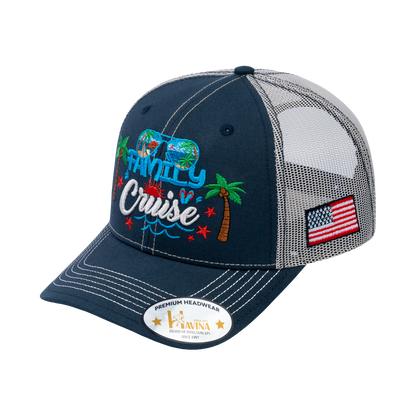 Embroidered Family Cruise - Traveling - 6 Panel Trucker Hat - Navy/Beige - Classic