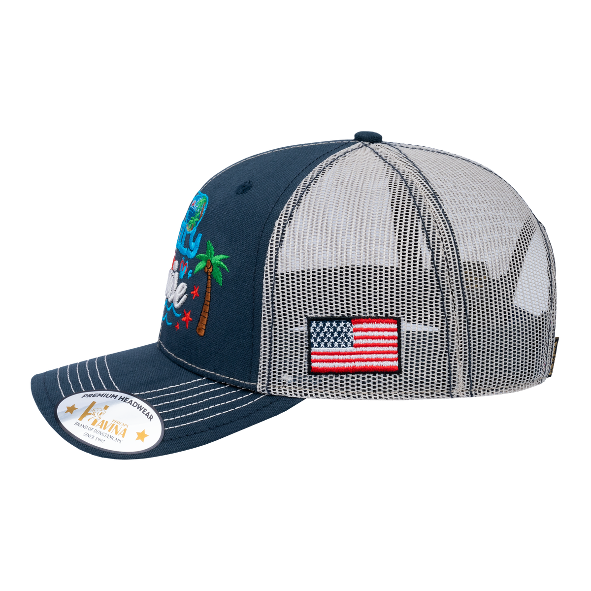 Embroidered Family Cruise - Traveling - 6 Panel Trucker Hat - Navy/Beige - Classic