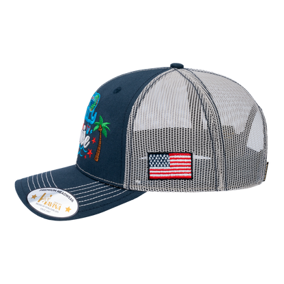 Embroidered Family Cruise - Traveling - 6 Panel Trucker Hat - Navy/Beige - Classic