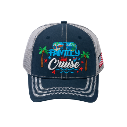 Family Cruise, Traveling 6-Panel Trucker Hat with Navy front and Beige back